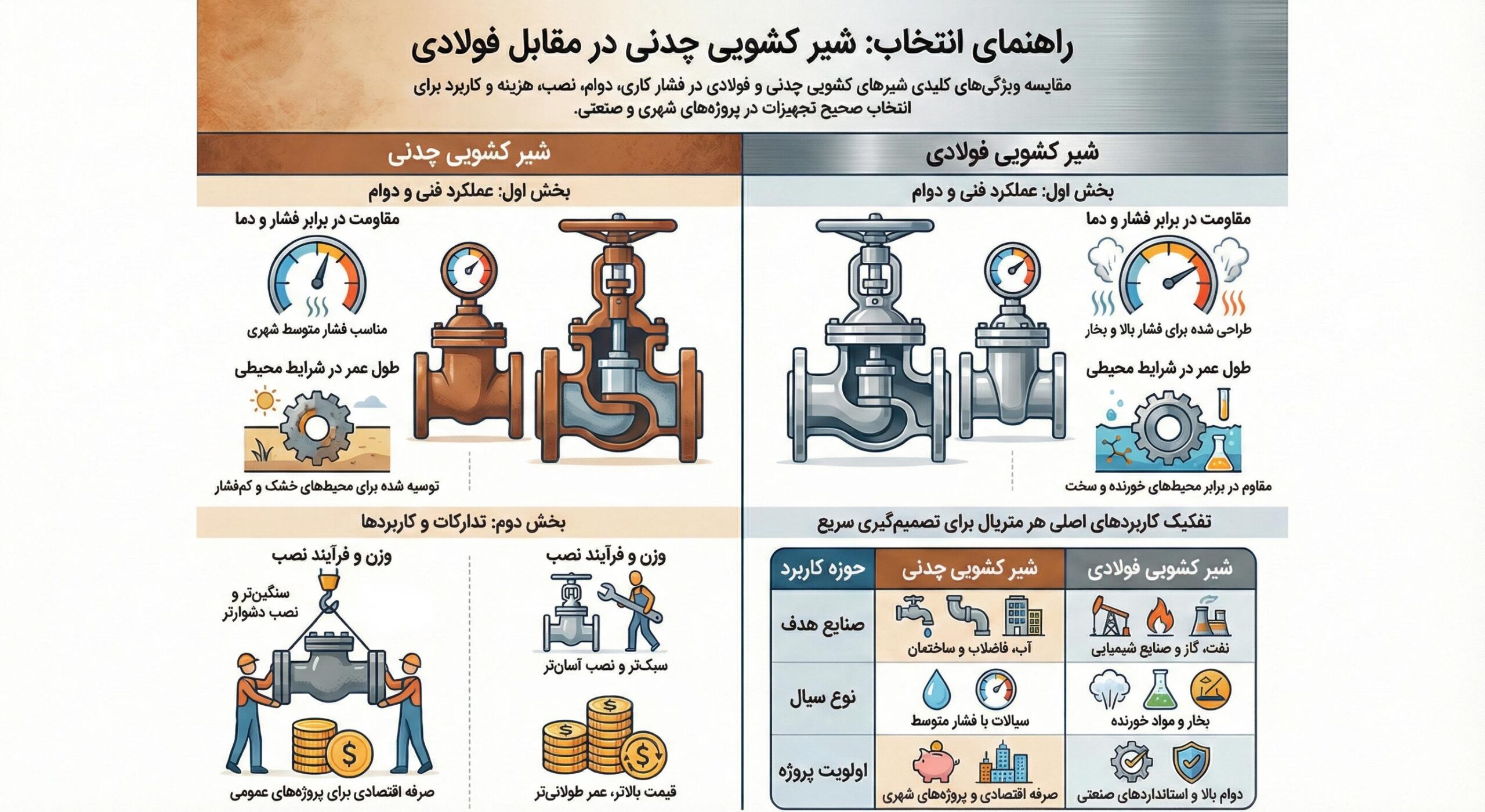 تفاوت شیر کشویی چدنی و فولادی